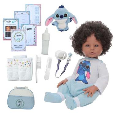 Imagem de Bebê Reborn Silicone Masculino Cabelo Cacheado Kit Stitch - Cegonha Re