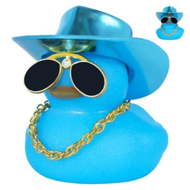 Imagem de Blue Rubber Duck with Laser Cowboy Hat, Diamond Glasses & Necklace - Squeaky Car Dashboard Decor, Funny Gift for Men and Women, Office Home Desk Decoration Accessory