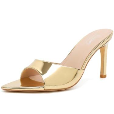 Imagem de Susanny Sandálias femininas de salto alto mule salto alto bico fino sandálias sexy sem cadarço verão casual casamento festa de formatura confortável sapatos elegantes, Dourado, 36