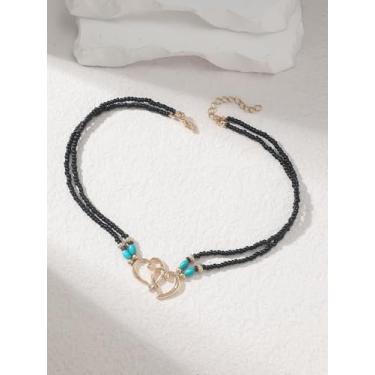 Imagem de Colar com pingente de coração duplo com contas pretas de camada dupla, estilo boêmio, gargantilha moderna para mulheres