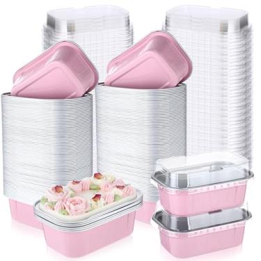 Imagem de Vesici 100 conjuntos de mini formas de pão com tampas, copos descartáveis de folha de alumínio de 162 g, formas de bolo retangulares para pudim, sobremesas, armazenamento de muffins, suprimentos de