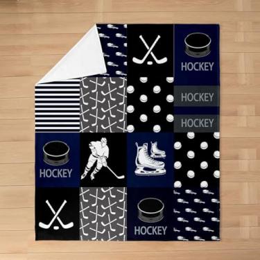 Imagem de Erosebridal Cobertor de flanela de hóquei no gelo, manta de lã com estampa de jogador de hóquei, jogo esportivo juvenil, bola de pelúcia felpuda, jogos competitivos, decoração de quarto de trabalho em