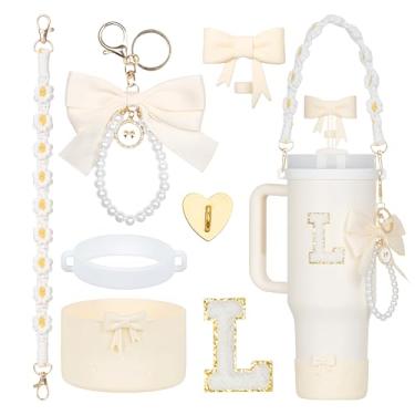 Imagem de Rabrgab Conjunto de acessórios para copo Stanley branco com 7 peças – topo de palha com laço, pingente de laço fofo, bota de silicone com design de laço, alça de alça de garrafa de água e adesivo de