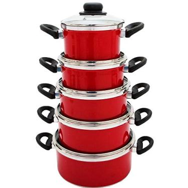 Imagem de Jogo Panelas Alumínio Vermelho Tampa Vidro 5 Peças Conjunto