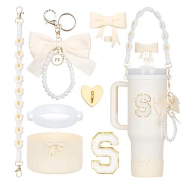 Imagem de Rabrgab Conjunto de acessórios para copo Stanley branco com 7 peças – topo de palha com laço, pingente de laço fofo, bota de silicone com design de laço, alça de alça de garrafa de água e adesivo de