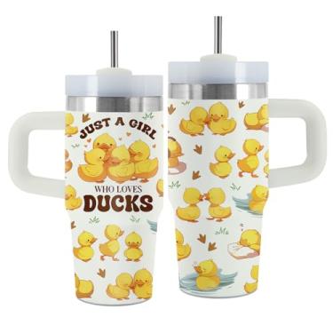 Imagem de Uibunoo Presentes de pato para mulheres, copo de borracha de 400 ml com alça e canudo, copos Just a Girl Who Loves Ducks, presentes de aniversário para amantes de animais, presente com tema de pato