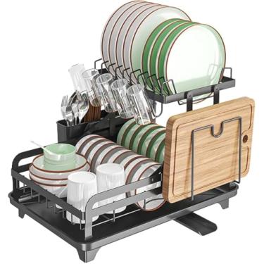 Imagem de Maivotaf Escorredor de louça grande, organizador de bandeja de escorredor de bancada de cozinha de 2 camadas com rack de utensílios e rack de tábua de corte, escorredor de pratos à prova de ferrugem