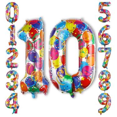 Imagem de Balão arco-íris número 10, balões de alumínio Mylar de 101 cm para aniversário de 10 anos, iridescente grande número 10 para decorações de festa, balões coloridos, artigos de festa de aniversário
