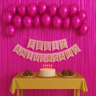 Imagem de Kit Feliz Aniversário Completo - Decoração com Balão Metalizado Número, Faixa, Cortina de Balões e Fita 5m para Festa de Aniversário Infantil e Adulto(Pink)
