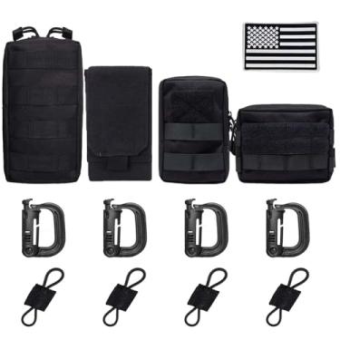 Imagem de LUYEJKO Pacote com 4 bolsas táticas Molle, acessórios de mochila Molle, bolsa tática pequena para mochila (preto)