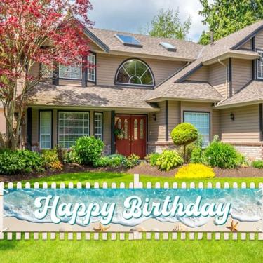 Imagem de Fangleland Banner oceano feliz aniversário quintal 3 x 0,5 m, azul litoral praia quintal sinal náutico concha estrela do mar fundo de fotografia, tema do mar, suprimentos de festa para uso ao ar livre