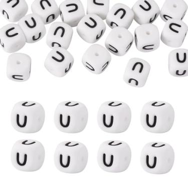 Imagem de FASHEWELRY 20 contas de silicone com letra U de cubo branco 12 x 12 x 12 mm contas quadradas do alfabeto com orifício de 2 mm com iniciais de vogal de 2 mm para colar de pulseira, colar, caneta com