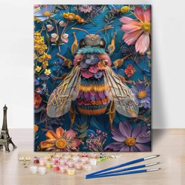 Imagem de TUMOVO Kit de pintura por números para adultos abelhas, pintura por número de abelha em flores neon, kits de tintas de insetos por números para adultos para presente e decoração de parede de casa
