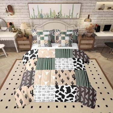 Imagem de Jogo de cama de caubói boêmio, 7 peças, cacto, touro, caveira, listras, estampa de vaca, quadriculado, edredom completo, com edredom, lençol de cima, 2 fronhas, 2 fronhas