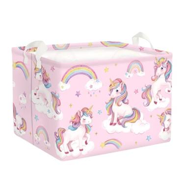 Imagem de HUUMONSS Cesto de lavanderia unicórnio grande cesta de armazenamento nuvens arco-íris dobrável para pais organizador de roupas de brinquedo para crianças, caixotes de roupas para quarto, banheiro