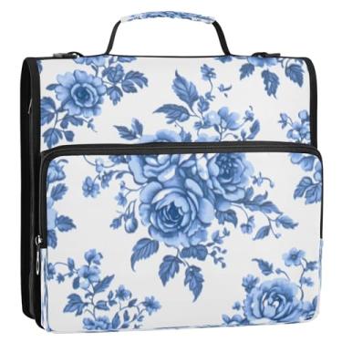 Imagem de CEBUGI Fichário de 3 anéis com zíper com alça de ombro, pasta de arquivo expansível de 3,8 cm, anéis D, para escola, escritório, buquê azul retrô