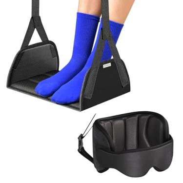 Imagem de SARISUN Kit essencial de viagem de avião 3 em 1, travesseiro de viagem com suporte de cabeça, máscara ocular 3D para dormir, rede para pés sem colapso para avião, conjuntos essenciais portáteis de
