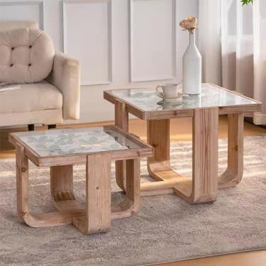 Imagem de Mesa de centro de madeira, mesa de café retrô, conjunto de mesa de café, mesa central quadrada de madeira, mesa de centro de fazenda, para sala de estar, quarto, escritório em casa (conjunto de 2