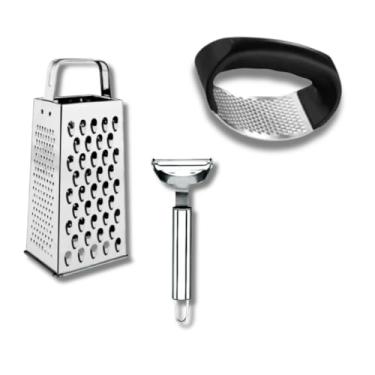 Imagem de Kit 5 Peças Inox Cozinha | Amassador Batata e Alho, Descascador, Espremedor Limão e Ralador 4 Faces(KIT 3 PEÇAS RALADOR)