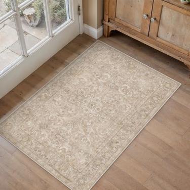 Imagem de PureCozy Tapete de área 2x3 marrom lavável vintage tapete de entrada antiderrapante tapete de porta pequeno pilha baixa cozinha banheiro acento tapete envelhecido entrada quarto escritório sala de