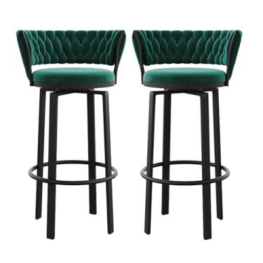 Imagem de Conjunto de 2 banquetas giratórias para bancadas de cozinha com encosto trançado, assento de veludo, pernas de metal preto, altura do assento 75 cm