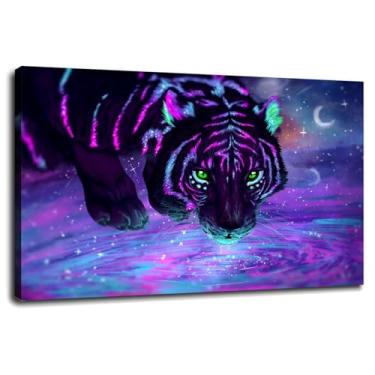 Imagem de Impressão em tela de animais pôster cescente tigre roxo arte de parede para casa 1 peça decorações com moldura 45,72 cm x 30,48 cm