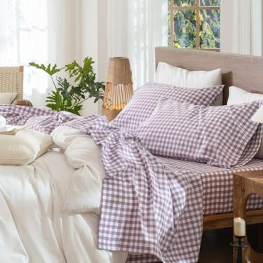 Imagem de MooMee Jogo de lençol guingão 100% algodão lavado, texturizado, respirável, macio com bolso profundo de 40,6 a 48 cm (clássico guingão roxo claro, Queen)
