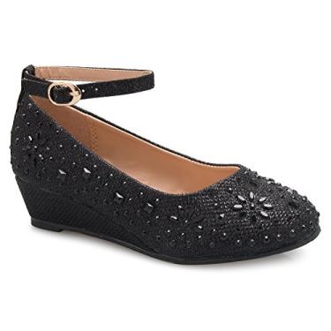 Imagem de Olivia K Tênis feminino de strass brilhante com salto plataforma baixo e tira no tornozelo (bebê/menina), Strass preto, 1 Big Kid