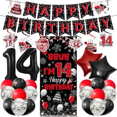 Imagem de MOIZYNG Decorações de aniversário de 14 anos para meninos e meninas, 30 peças preto vermelho Bruh I'm 14 Happy Birthday Banner Pano de fundo balões pendurados redemoinhos para decoração de festa de