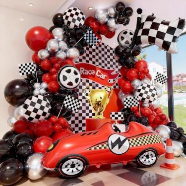 Imagem de Race Car Balloon Arch Kit, Race Cars Birthday Decorations Party, Red Black Silver Flag Tire Checkered Balloons Arch Kit, Cars Themed Birthday Party Decorations Supplies