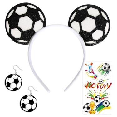 Imagem de On-Airstore Conjunto de 3 acessórios de futebol, brincos de tiara, adesivos de tatuagem, pingentes de futebol, adereços de cabine de fotos para fãs de esportes, fantasia de líder de torcida