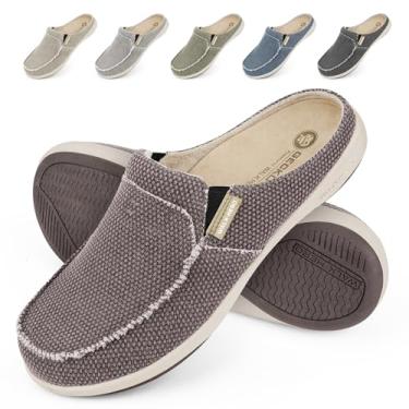 Imagem de Pantufas masculinas com suporte de arco, chinelo de lona para casa masculino com forro de veludo, sapato para usar em casa com sola de borracha antiderrapante para uso interno e externo,