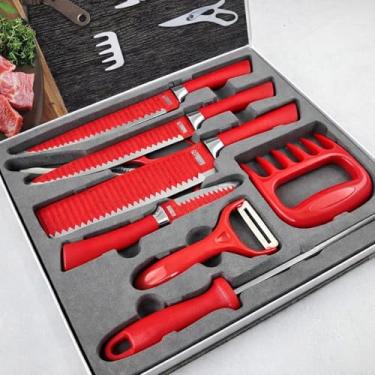 Imagem de Kit Churrasco Premium 8 Peças – Conjunto Profissional de Facas Gourmet em Aço Inoxidável com Lâminas Antiaderentes e Corte Navalha (Vermelho)