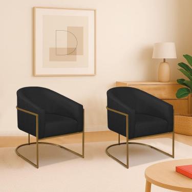 Imagem de Kit 2 Poltronas Decorativa Jade Moderno Escritório Confortável Luxo Base De Ferro Dourado Bouclé Cor Preto