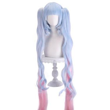 Imagem de Peruca de cosplay azul claro rosa gradiente com cauda dupla com franja