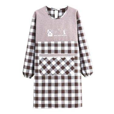 Imagem de Avental xadrez de manga comprida para mulheres com bolso de renda - yi
