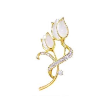 Imagem de Alfinete de broche: flor de tulipa elegante com pedra de olho de gato 
