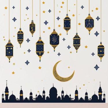 Imagem de Adesivos de parede, lanternas penduradas coloridas e lua crescente - y