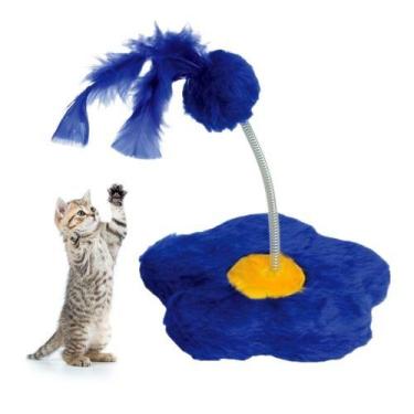 Imagem de Brinquedo para gato arranhador flor azulcom pompom e pena para gatos  