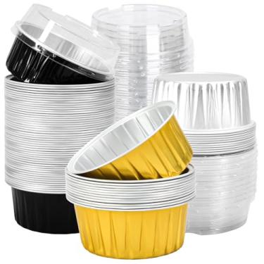 Imagem de JarThenaAMCS 60 peças de formas de graduação com tampas, suportes de cupcake de folha de alumínio, preto, dourado, prata, forros de muffin, mini formas de bolo, copos de ramequim, recipientes de