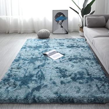 Imagem de Tapete de luxo sintético macio e quente moderno tapetes de pelúcia tapete de pilha alta tapetes de decoração de berçário feitos à mão tapete de engatinhar cuidados com o bebê (tinta azul) 47" x 79"