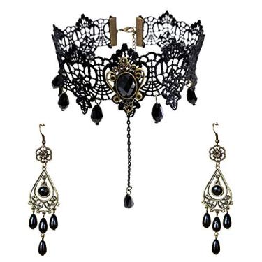 Imagem de Youniker Conjunto de colar gargantilha para mulheres, gótico, preto, renda, colar, brincos, para Halloween, Steampunk, festa, punk, vintage, lolita, gargantilha vitoriana, colar com pingente