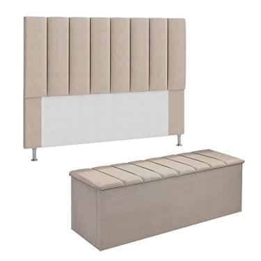Imagem de Conjunto Cabeceira E Calçadeira Cancun Para Cama Box Casal 140 cm Suede Bege - DL Decor