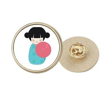 Imagem de Kimono azul Sakura Japão boneca redonda metal dourado broche clipe, Medium, não aplicar