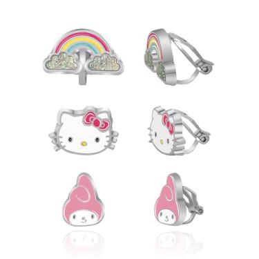 Imagem de Brincos Sanrio Hello Kitty and Friends Clip On Pacote com 3 Licença Oficial - Rainbow, My Melody and Hello Kitty Brincos
