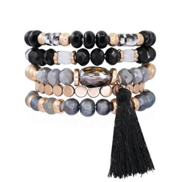 Imagem de Mini Momo Conjunto de pulseiras boêmias empilháveis femininas elásticas em várias camadas Boho com borlas e contas, Acrílico, Sem Pedra Preciosa