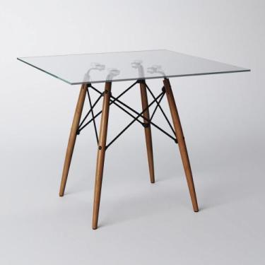 Imagem de Mesa Eames Eiffel Quadrada 90 Cm Tampo de Vidro Base de Madeira - CASA