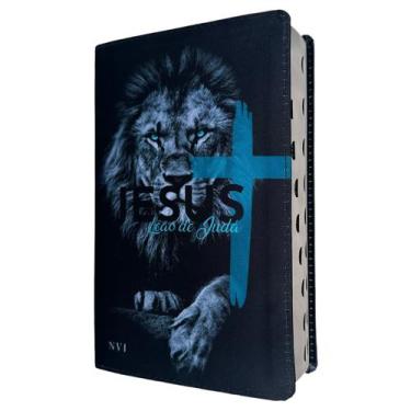 Imagem de Biblia NVI leão cruz azul Letras Grandes com Indice digital - CENTRAL