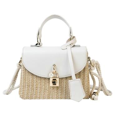 Imagem de EMGILL Bolsas de praia de palha para mulheres - Bolsa de verão bolsa tiracolo transversal quadrada de vime 2024, Branco