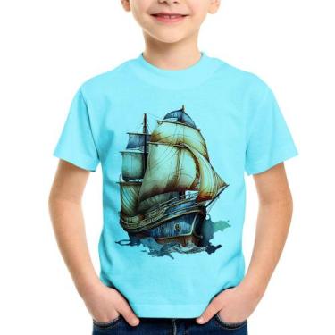 Imagem de Camiseta Infantil Navio Vintage - Foca na Moda, Azul claro, 12